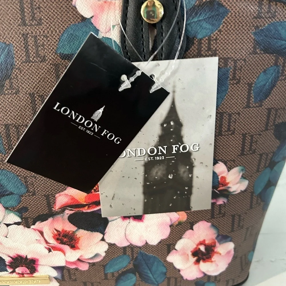 London Fog Floral Logo Tote Bag Brown Black Gold Large Shoulder Handbag